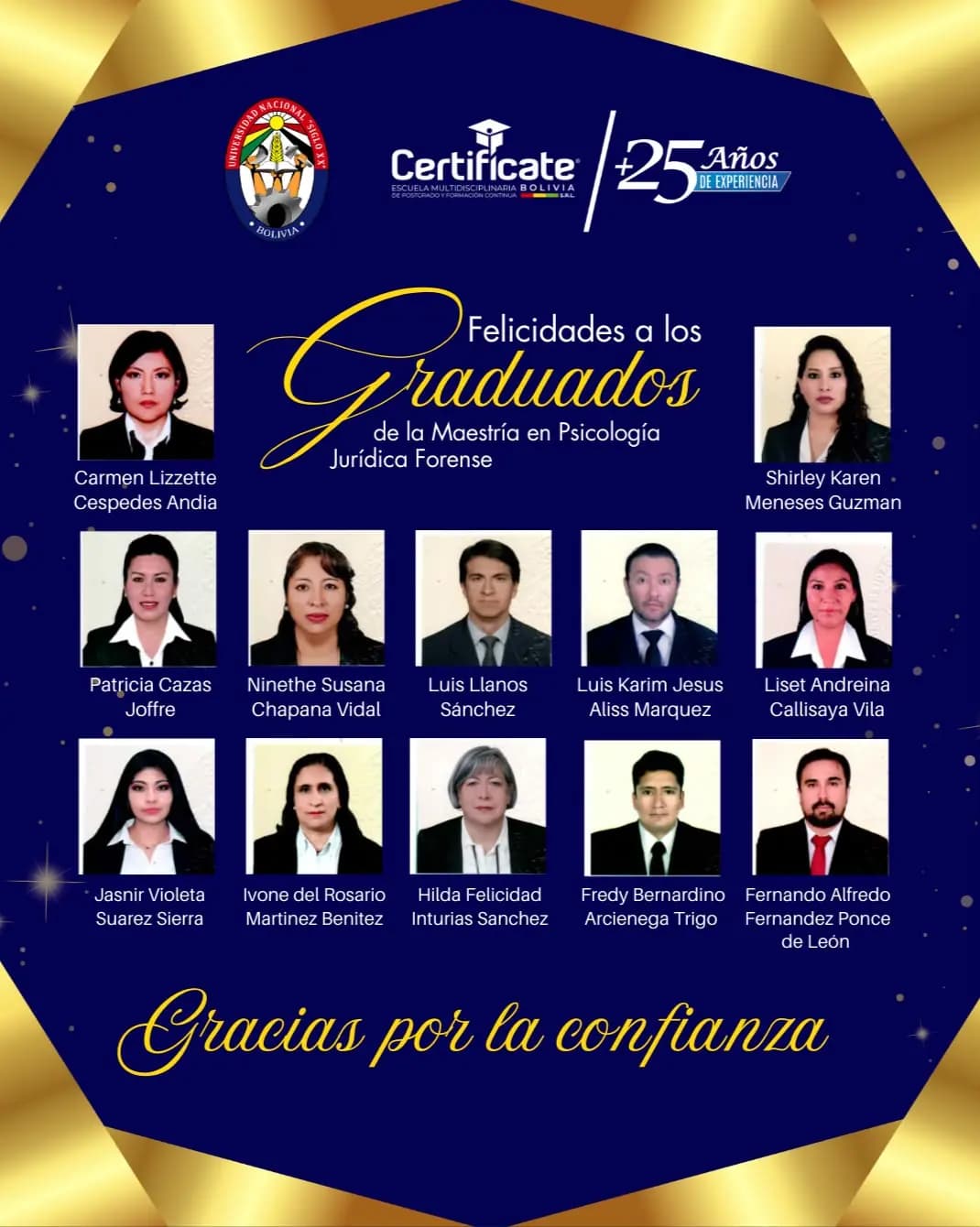 Graduados de la Maestría en Psicología Jurídica Forense de Certificate Bolivia