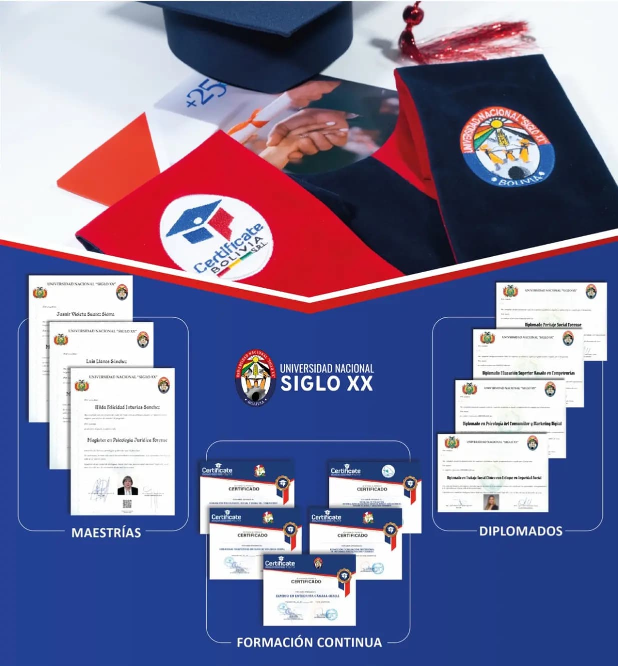 Títulos y certificaciones de maestrías, diplomados y formación continua avalados por la Universidad Nacional Siglo XX